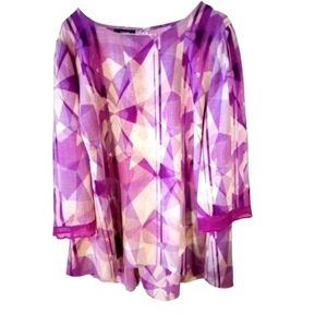 Alfani Purple & White Geo Design Sheer Cuff 3/4 Slve. Hi-Lo Plus Size Tunic 3X